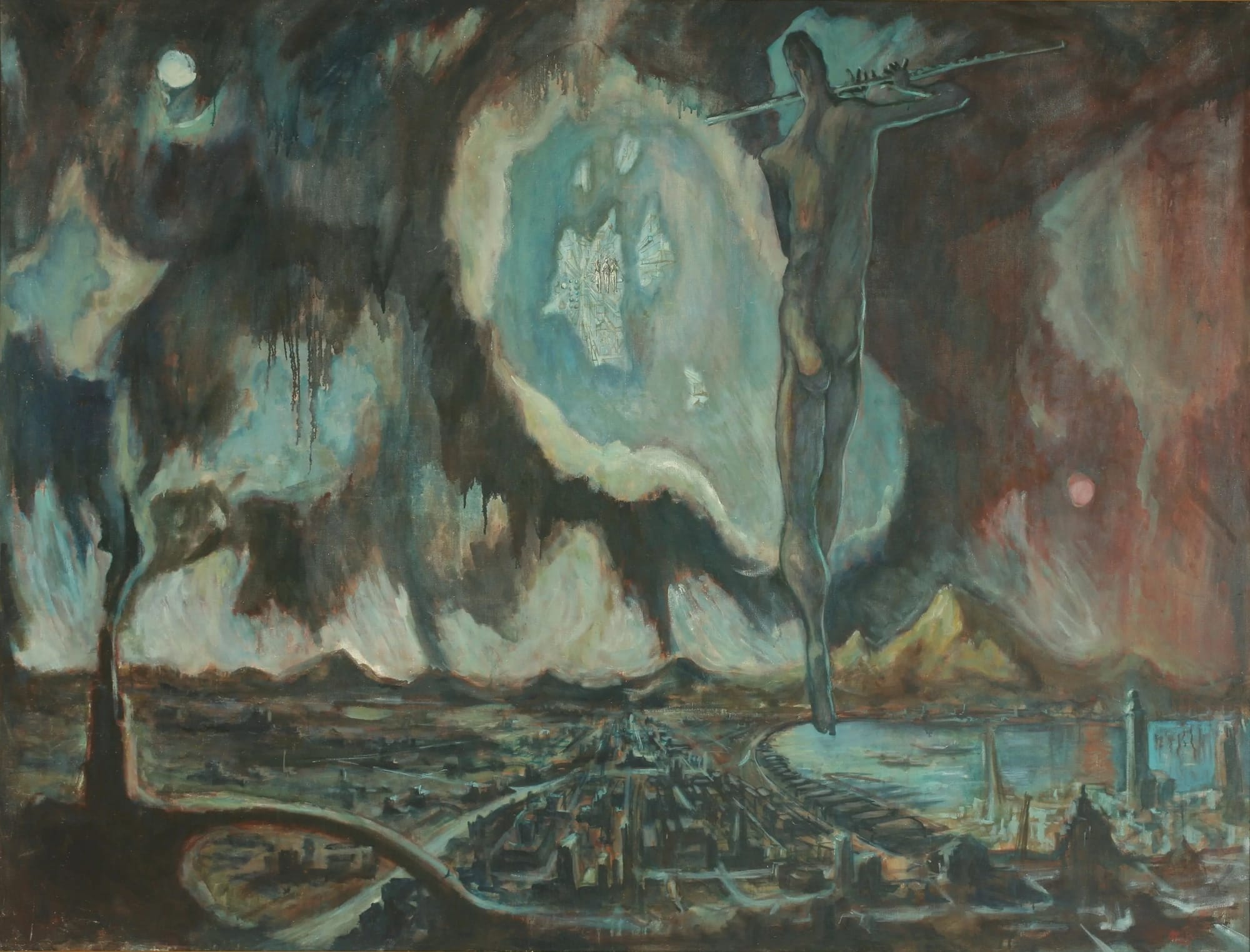 A dark, surrealist oil painting of a person playing the flute hovering over a dystopian cityscape