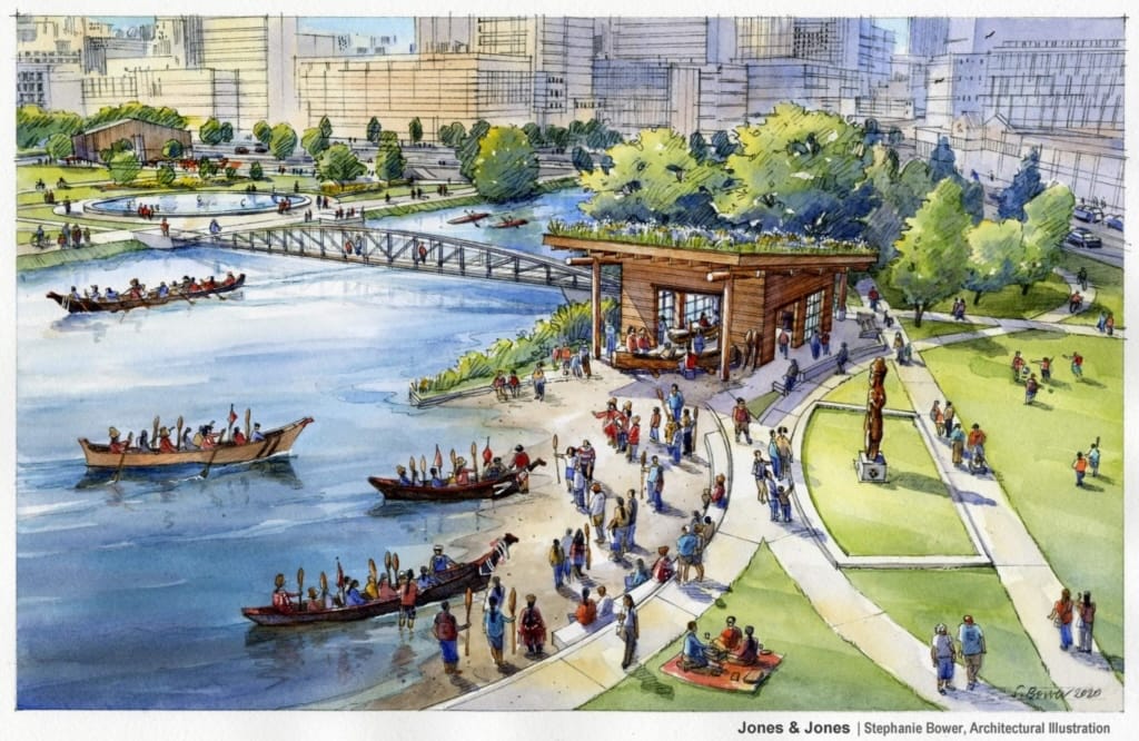 An architectural illustration shows un urban lake with Native canoers on the water and a log structure at the shore near pathways