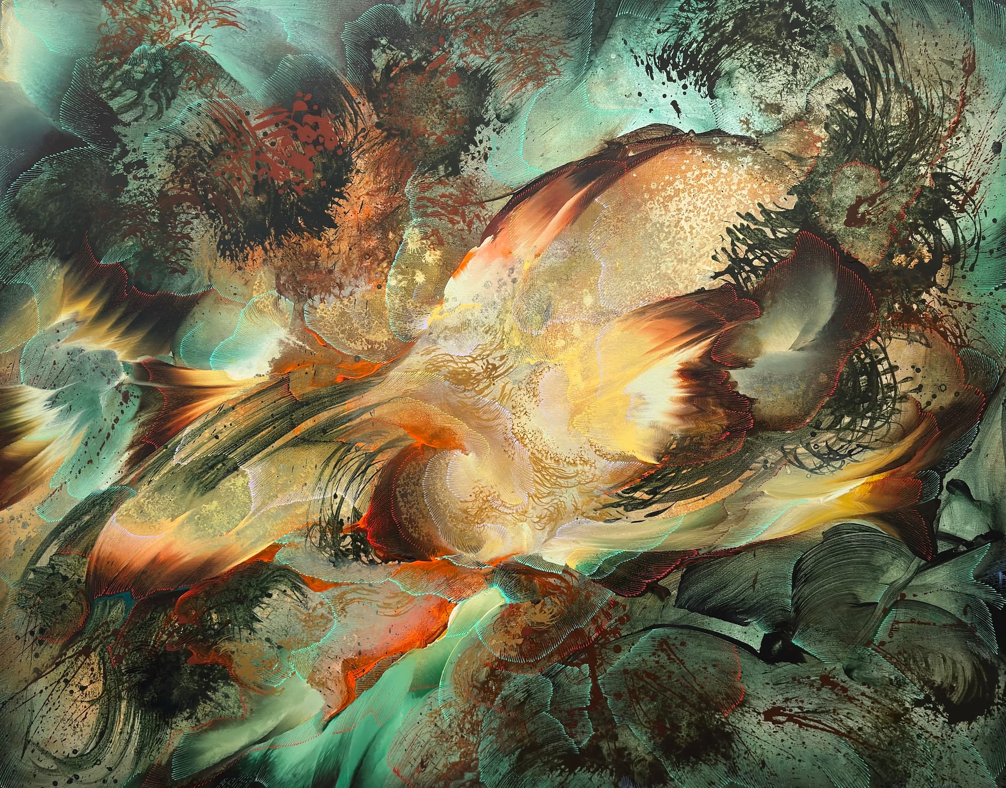 An abstract oil painting with swirls of fiery color against stormy teal clouds.