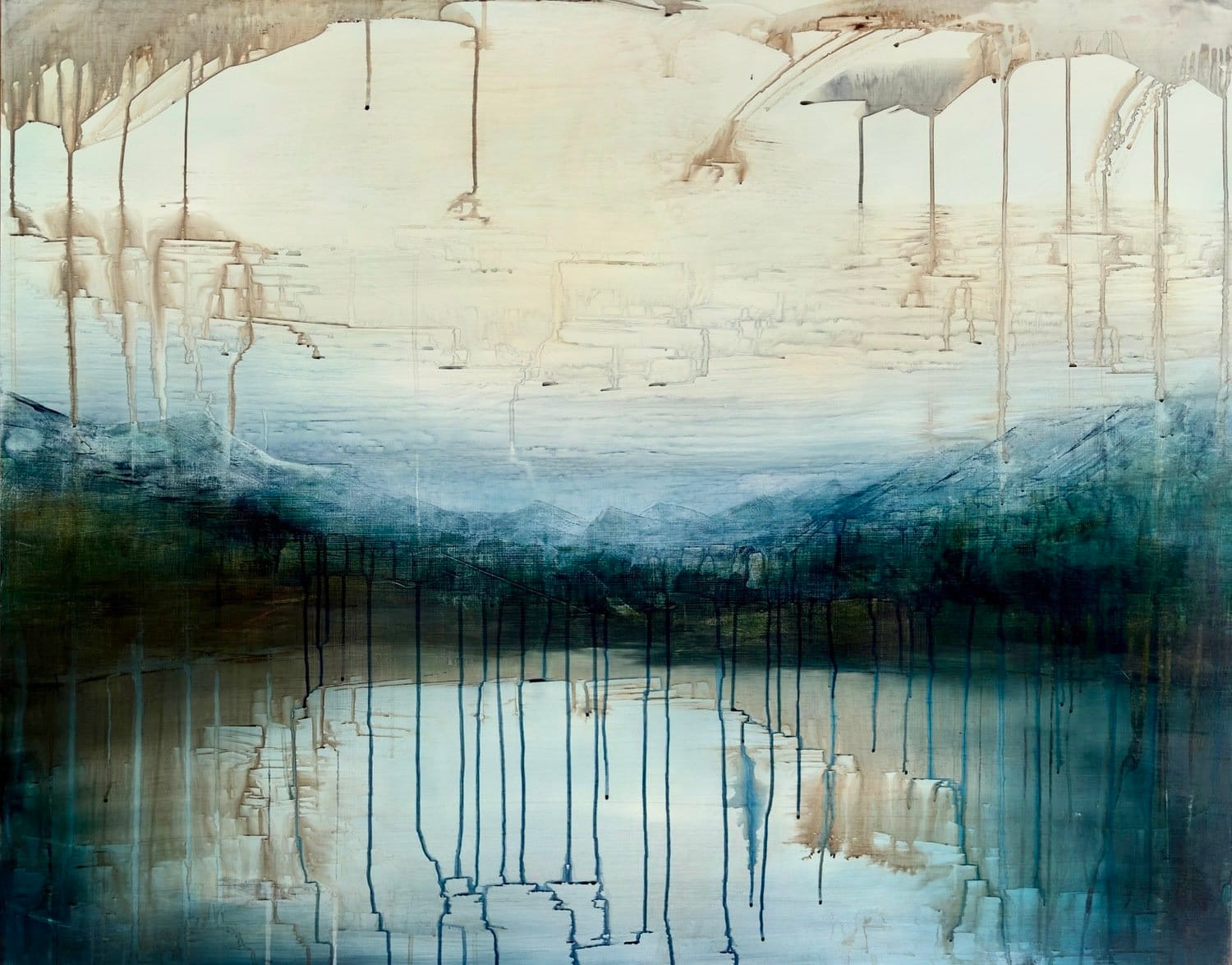 A dreamy landscape painting showing a lake with mountains in the distance and a cloudy sky; paint drips all over