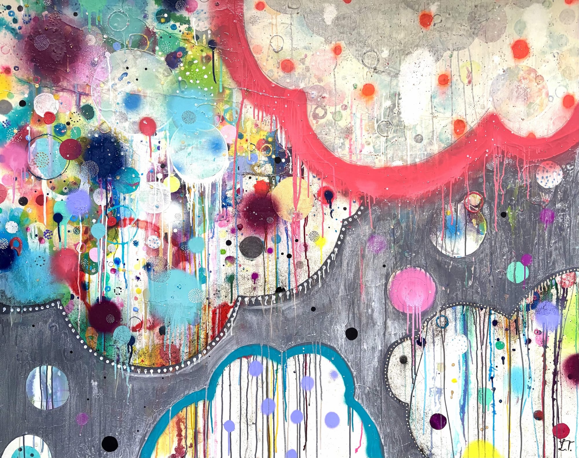A colorful abstract painting with clouds and polka dots and paint that drips down the canvas