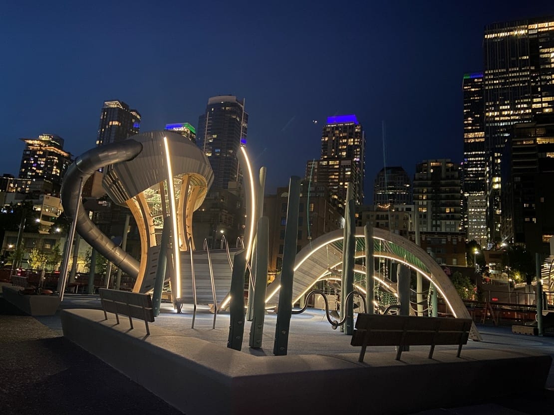 Night time photo of a playground structure that looks like a jellyfish with climbable tentacles