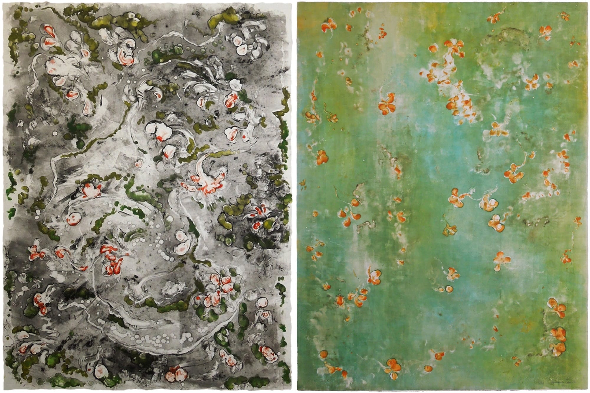 Two vertical abstract paintings side by side, one with white and green swirls on a gray background, the other with orange dots on a green background