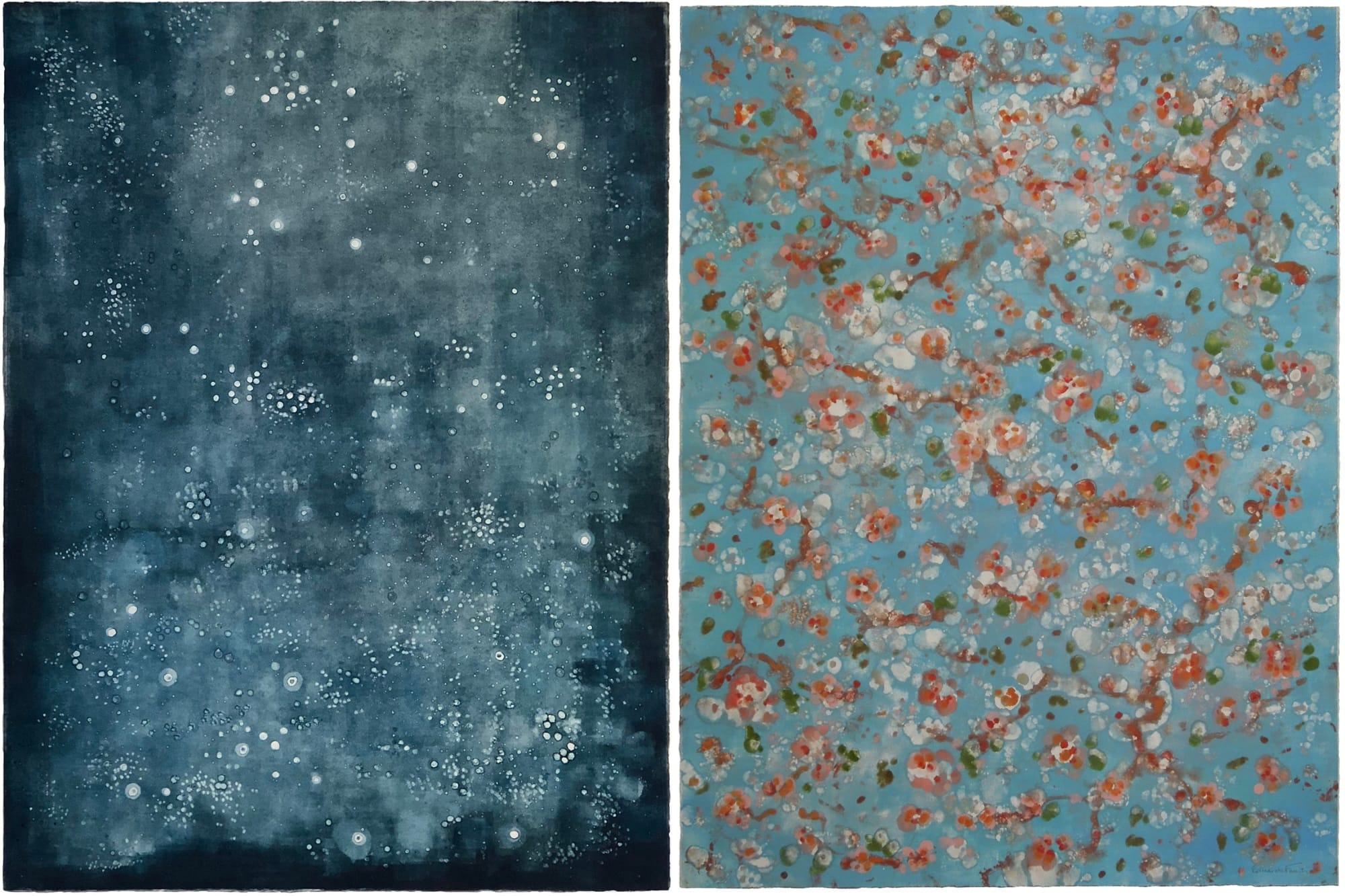 Two vertical abstract paintings side by side, one in darker blue tones, the other with red and green squiggles on a light blue background