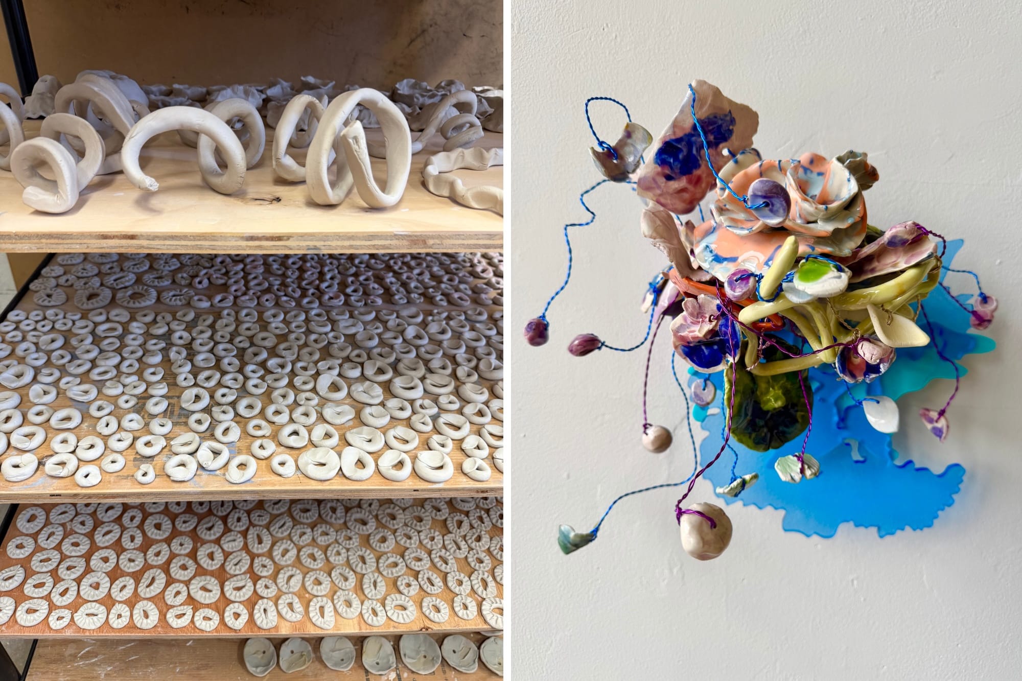 At left, stacks of unglazed clay circles, at right a colorful sculptural ceramic bouquet.