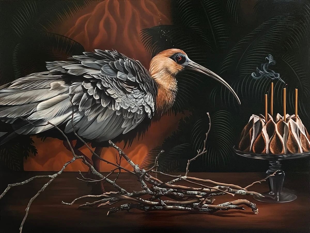 Richly detailed oil painting of a large bird with a long beak near a cake with snuffed out candles.
