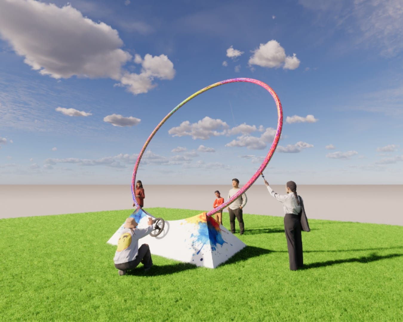 A computer generated image of a large ring sculpture with people interacting with it.