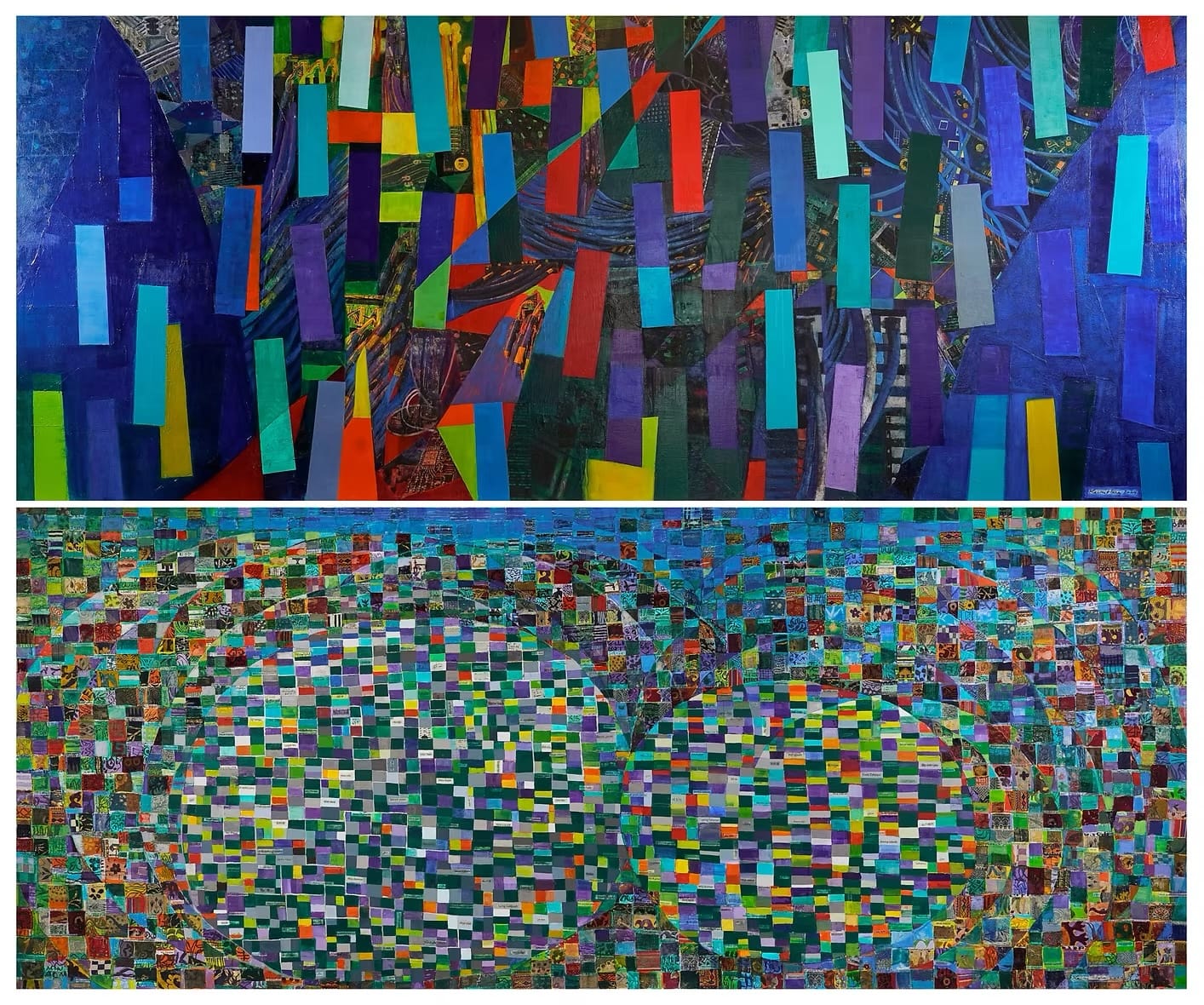 Two abstract paintings stacked horizontally; both covered in rectangles of vivid color.
