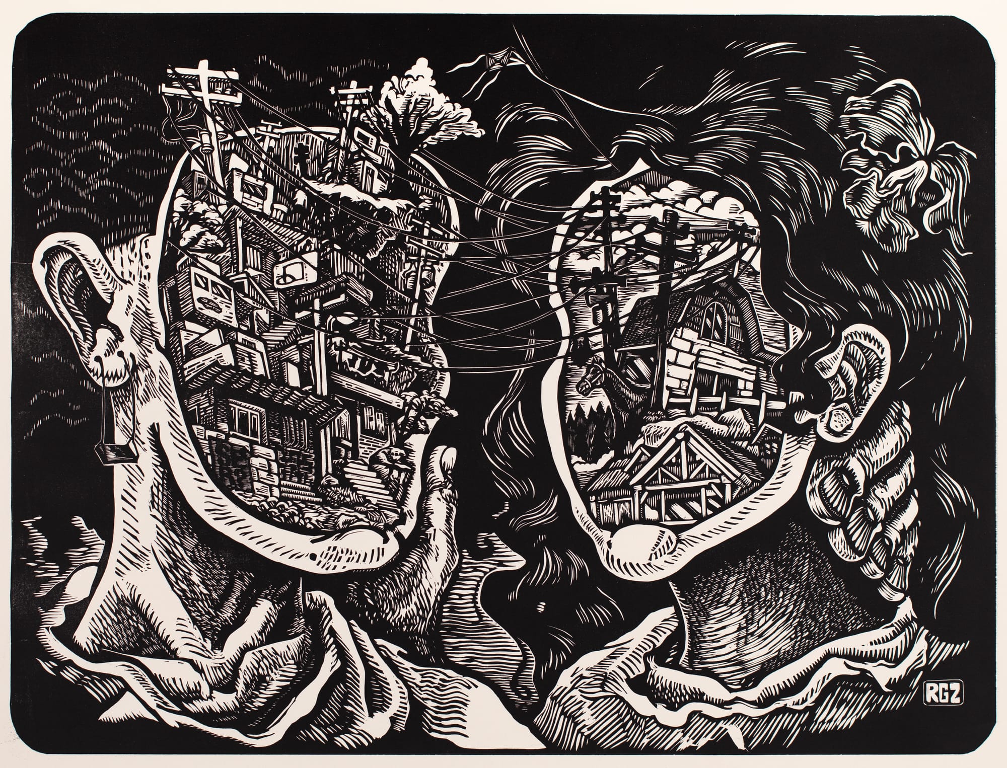 A surreal woodblock print in which two faces open to reveal telephone wires, buildings and animals