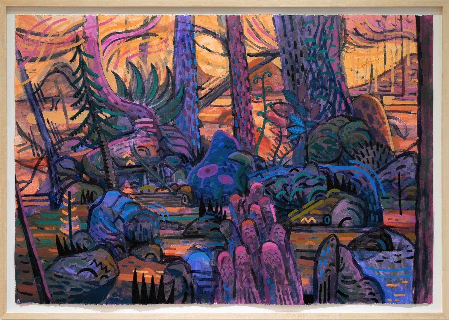 A painting of a forest but in purples and blues with alien shapes and an orange sky.