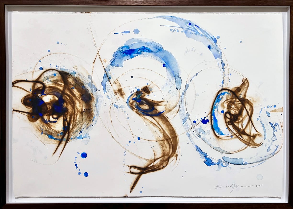 A painting with swirls in burned-brown and blue on a white background.
