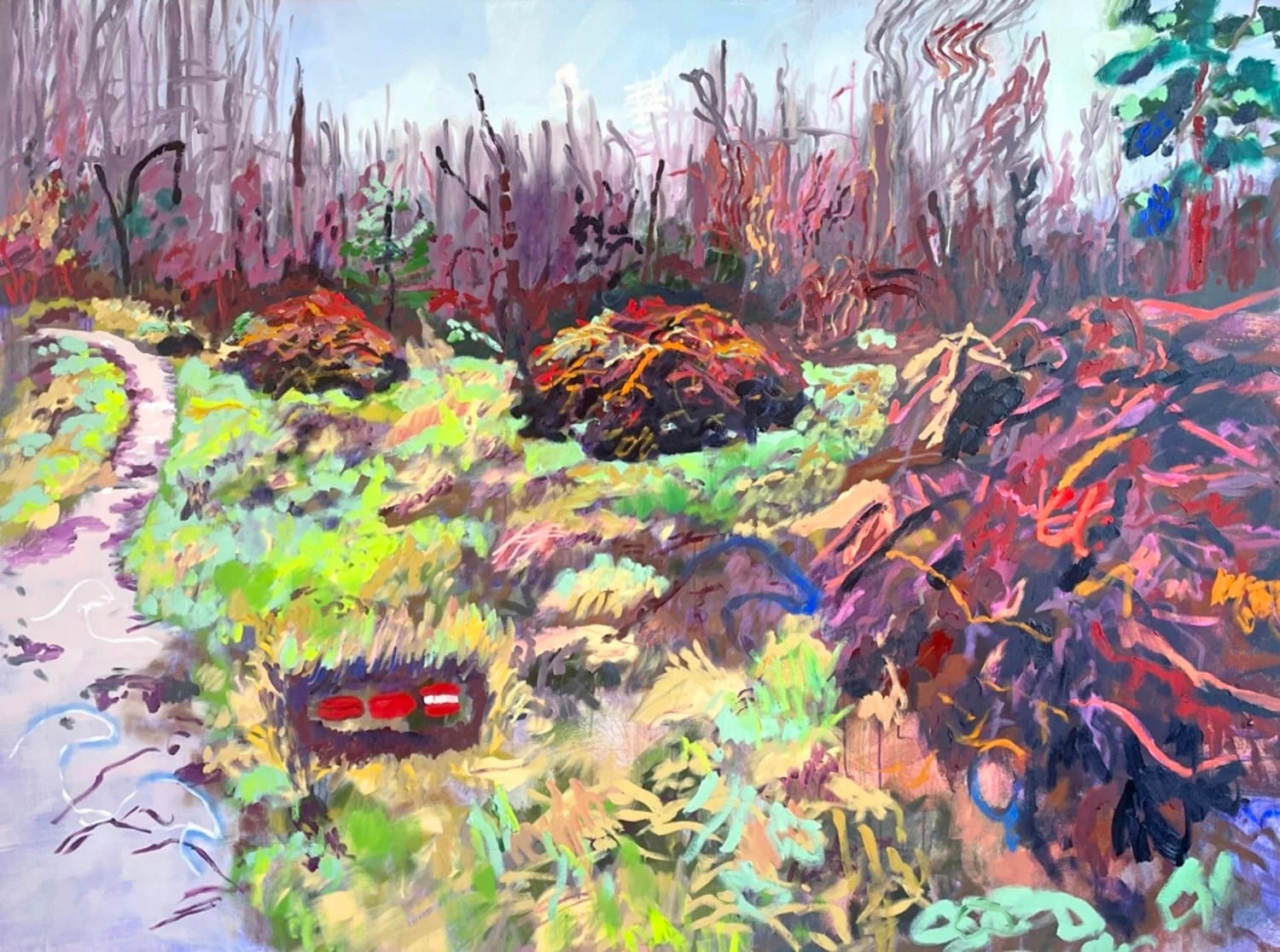 A colorful abstract landscape painting of a path curving into a forest.