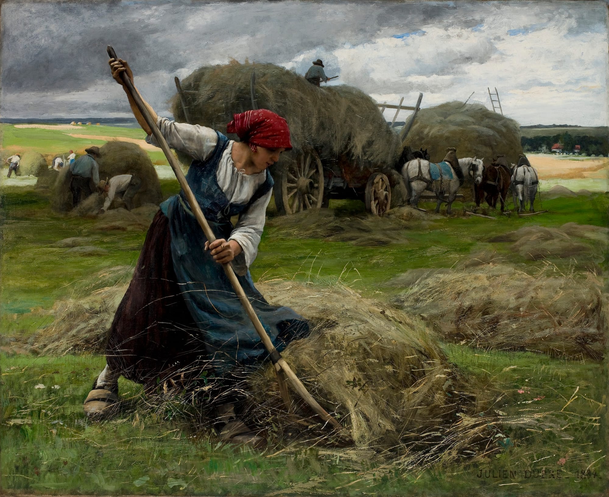 A realistic 1884 painting of a woman gathering hay into bales in front of hay wagons.