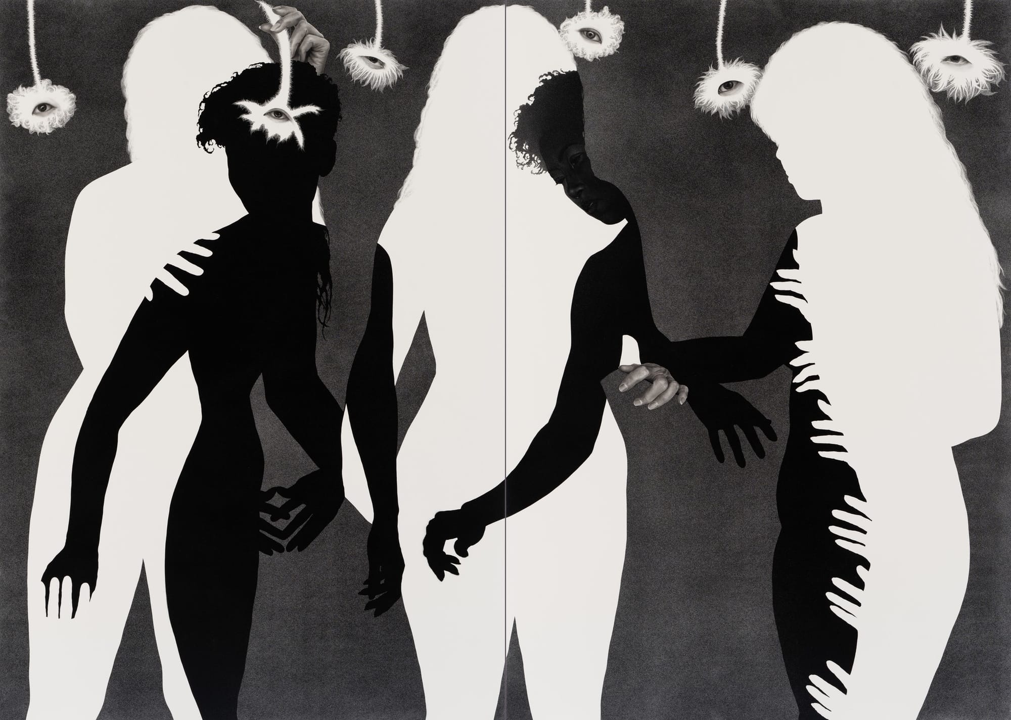 Black, white and gray graphic image of layered bodies, hands, eyes and flowers.