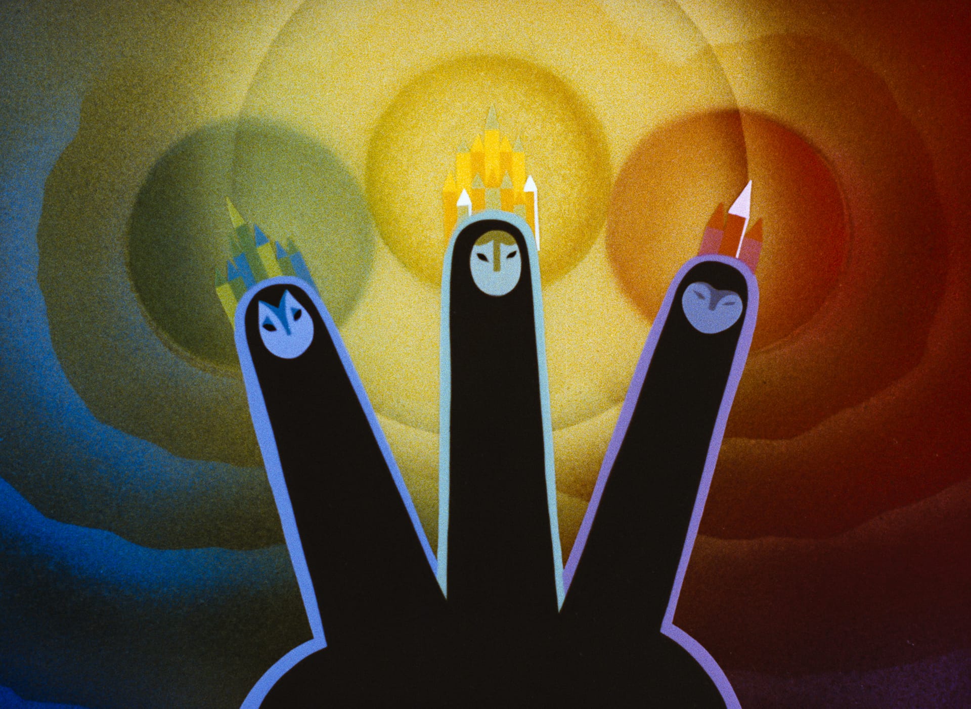 A psychedelic illustration of three dark figures that resemble fingers with crystals on their heads