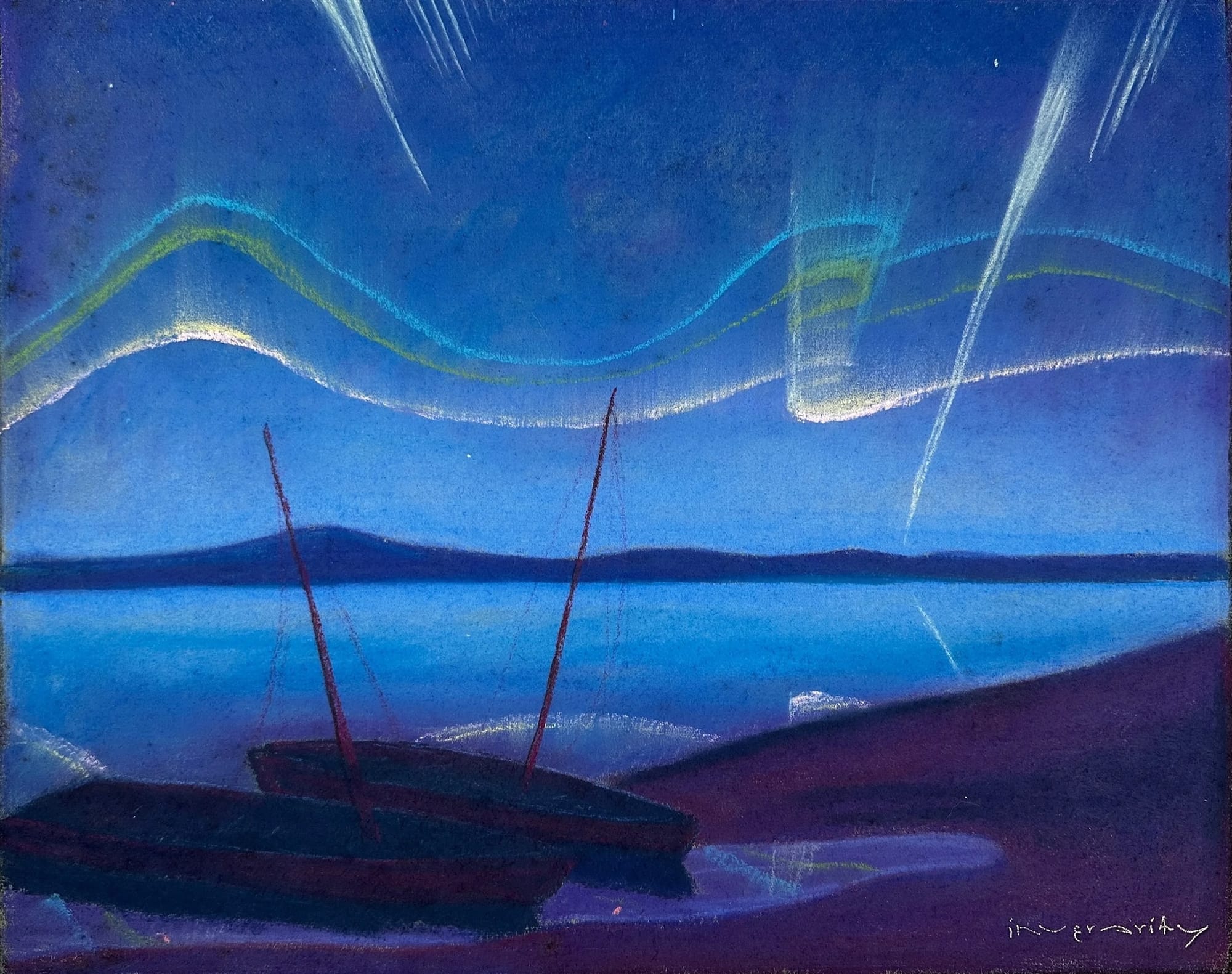 A pastel painting in purples and blues showing the waters edge, two boats and aurora borealis floating above
