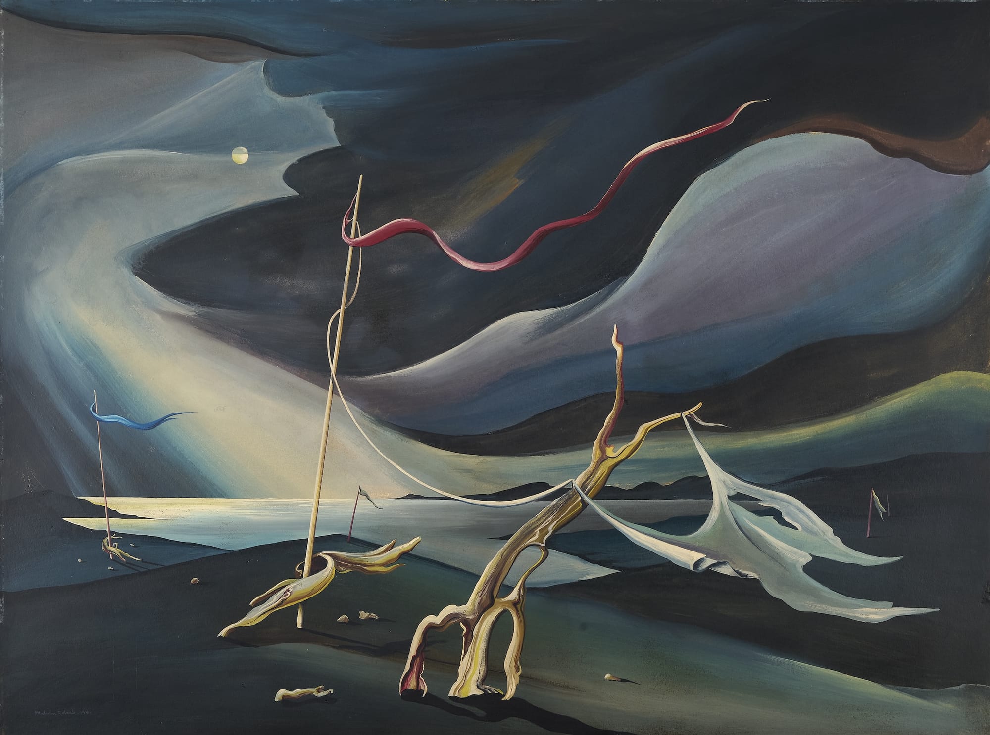 A surrealist painting of a stormy, desolate landscape