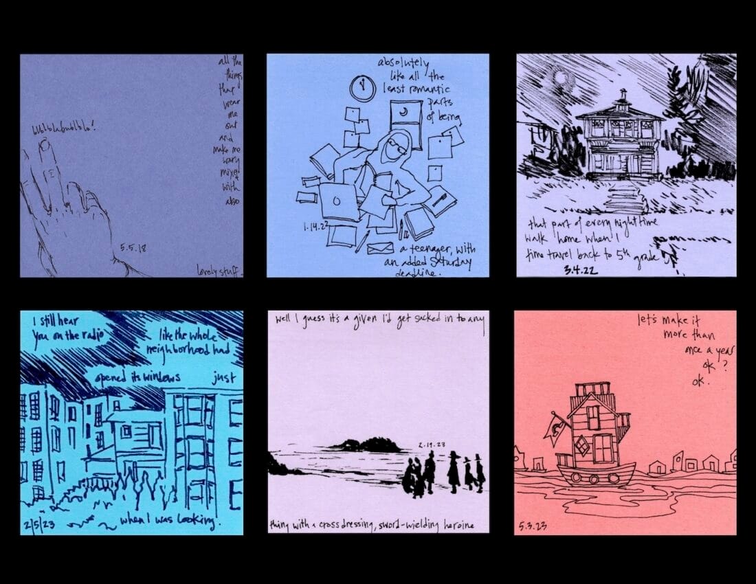 Sticky notes with tiny intricate drawings and notes on them