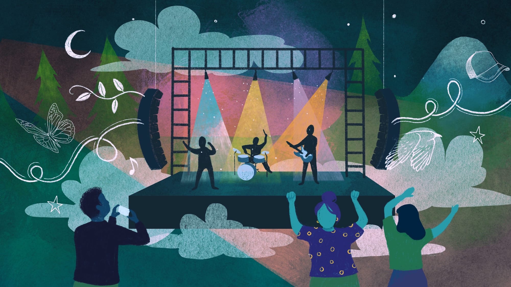 A fanciful illustration showing a band on an outdoor stage with a few people dancing in the grass
