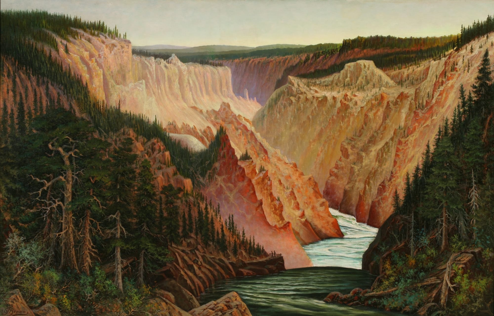 Landscape painting of a deep canyon surrounded by evergreen trees