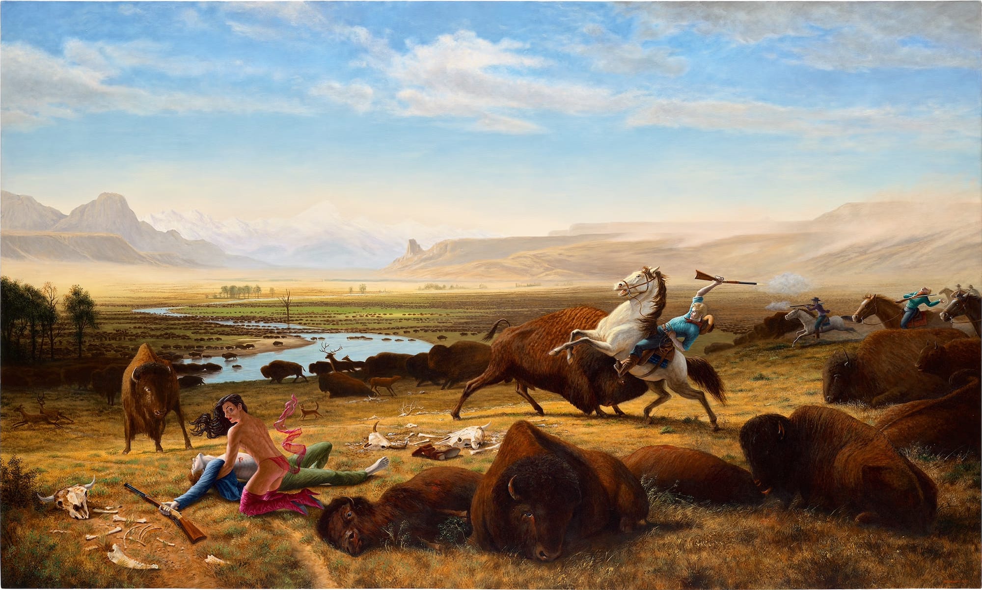 Landscape painting of a western scene with buffalo and cowboys and a curious figure in the middle