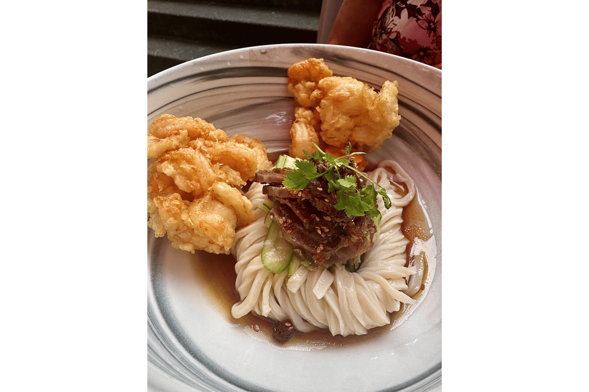 Noodles and fried shrimp