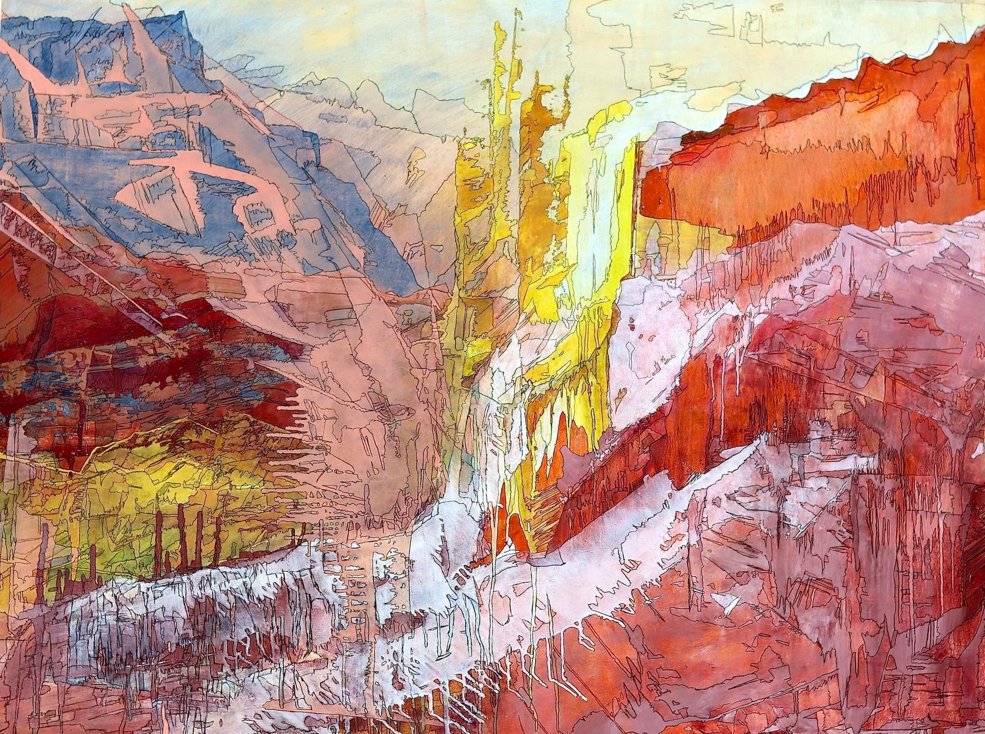 An abstract painting that resembles craggy mountains but in salmon, yellow and blue