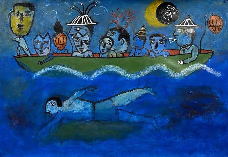 A painting of a person swimming beneath a boat filled with people and surreal critters.