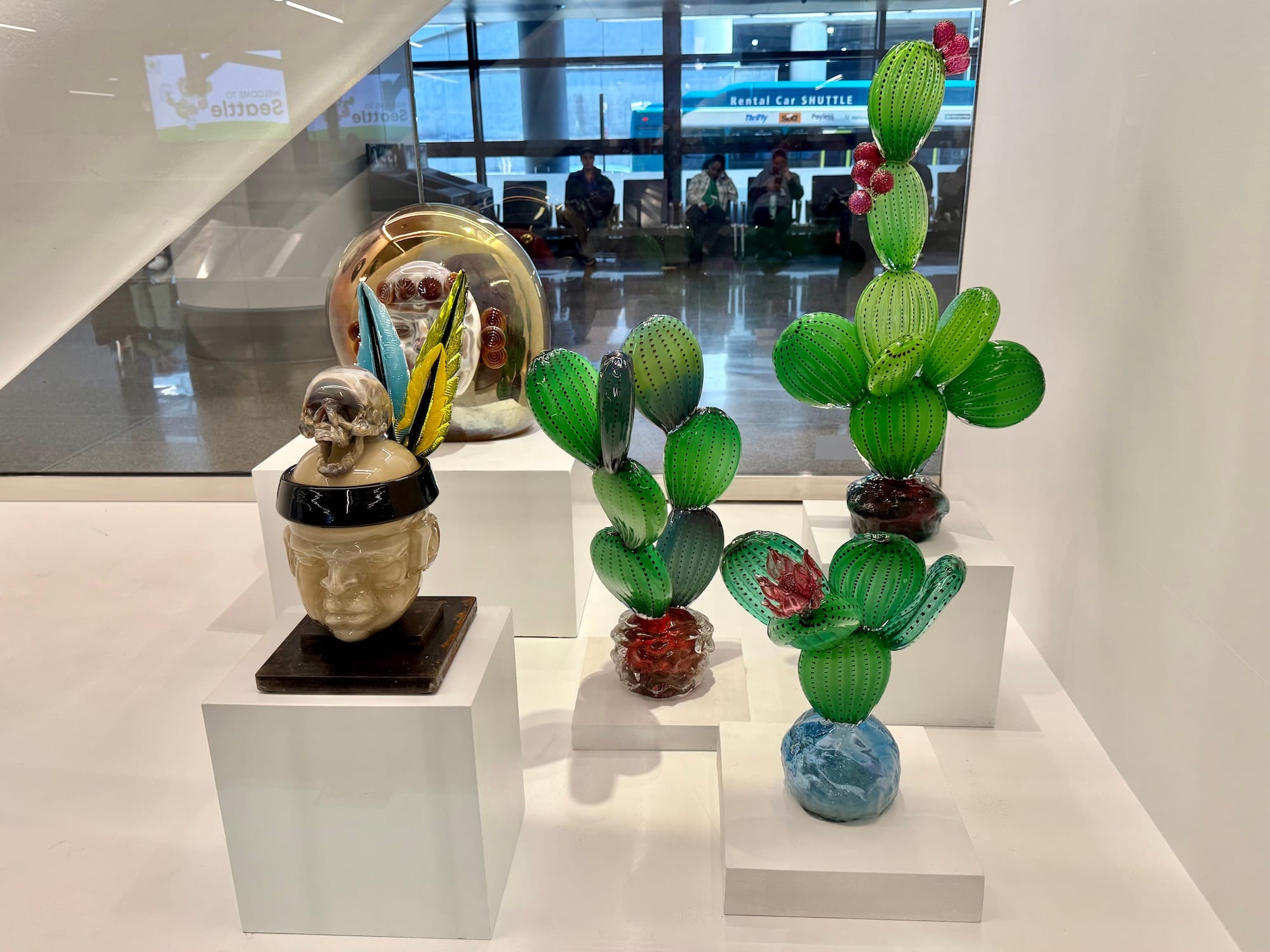 Photo showing a display case holding glass sculptures, one of a Mesoamerican skull and three of prickly pear cacti