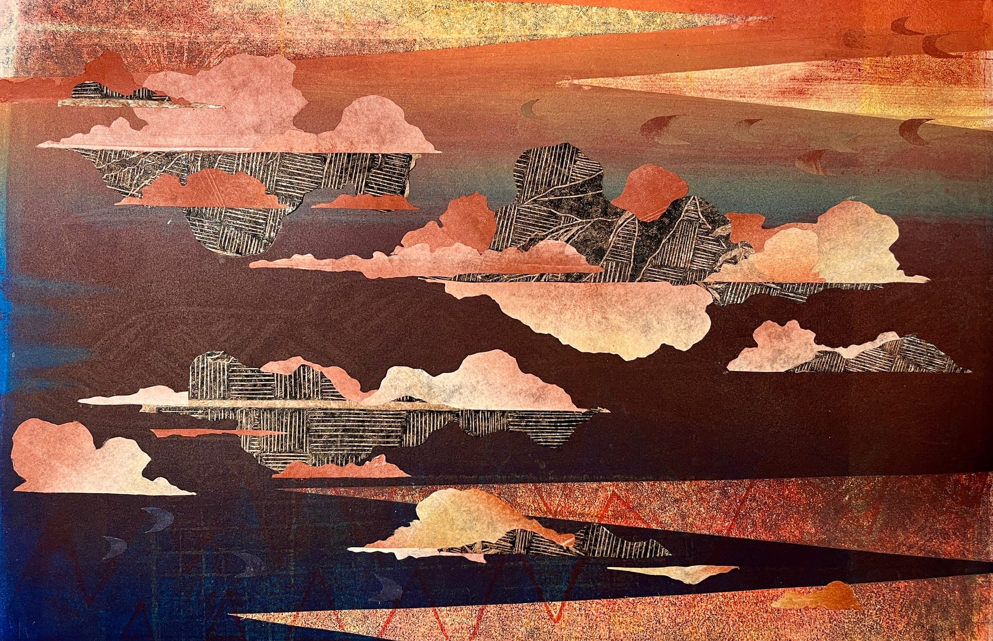 An abstract artwork that depicts clouds in different textures and shades of red, pink and brown