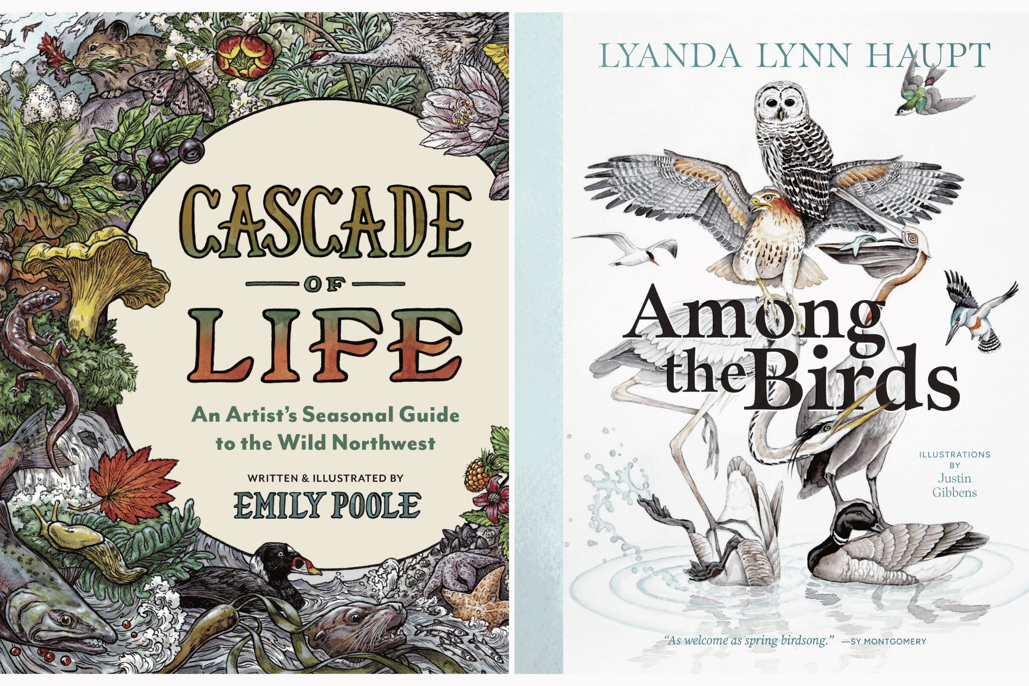 Two illustrated book covers side by side, one titled Among the Birds, the other, Cascade of Life.