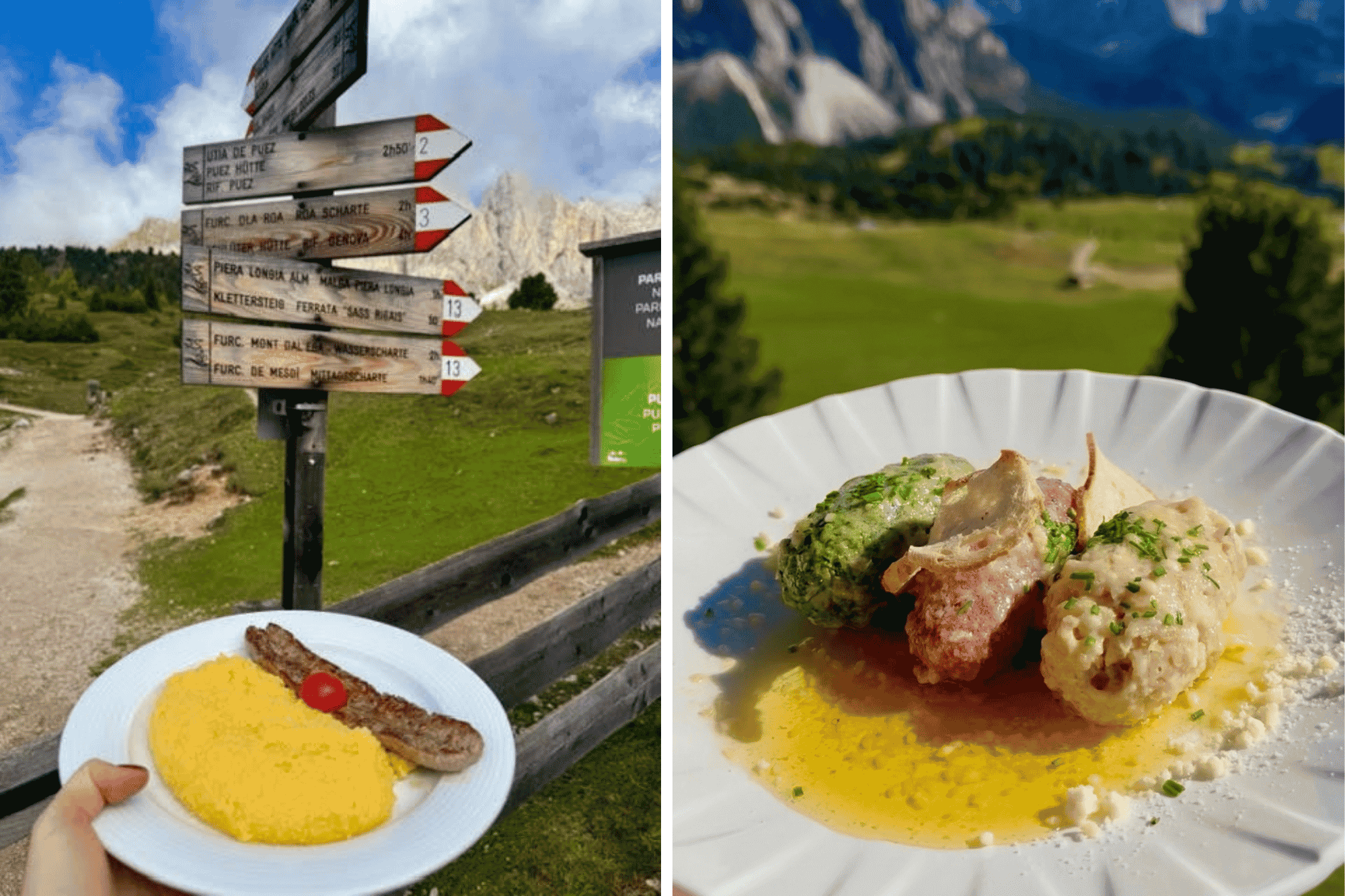 Two plates of food with mountain views in the background