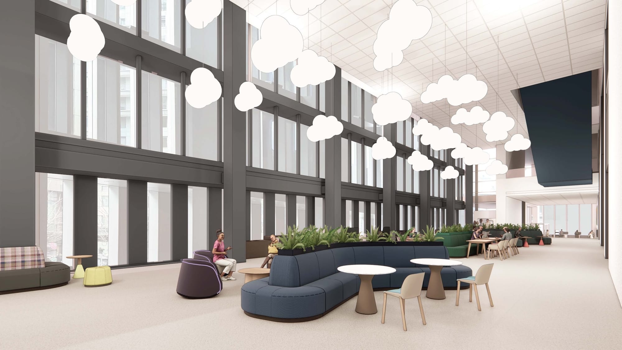 Architectural rendering of a large lobby space with banquettes and plants down the middle