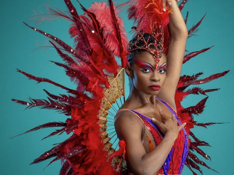A dancer faces the camera wearing an elaborately feathered costume and sparkling eye makeup.