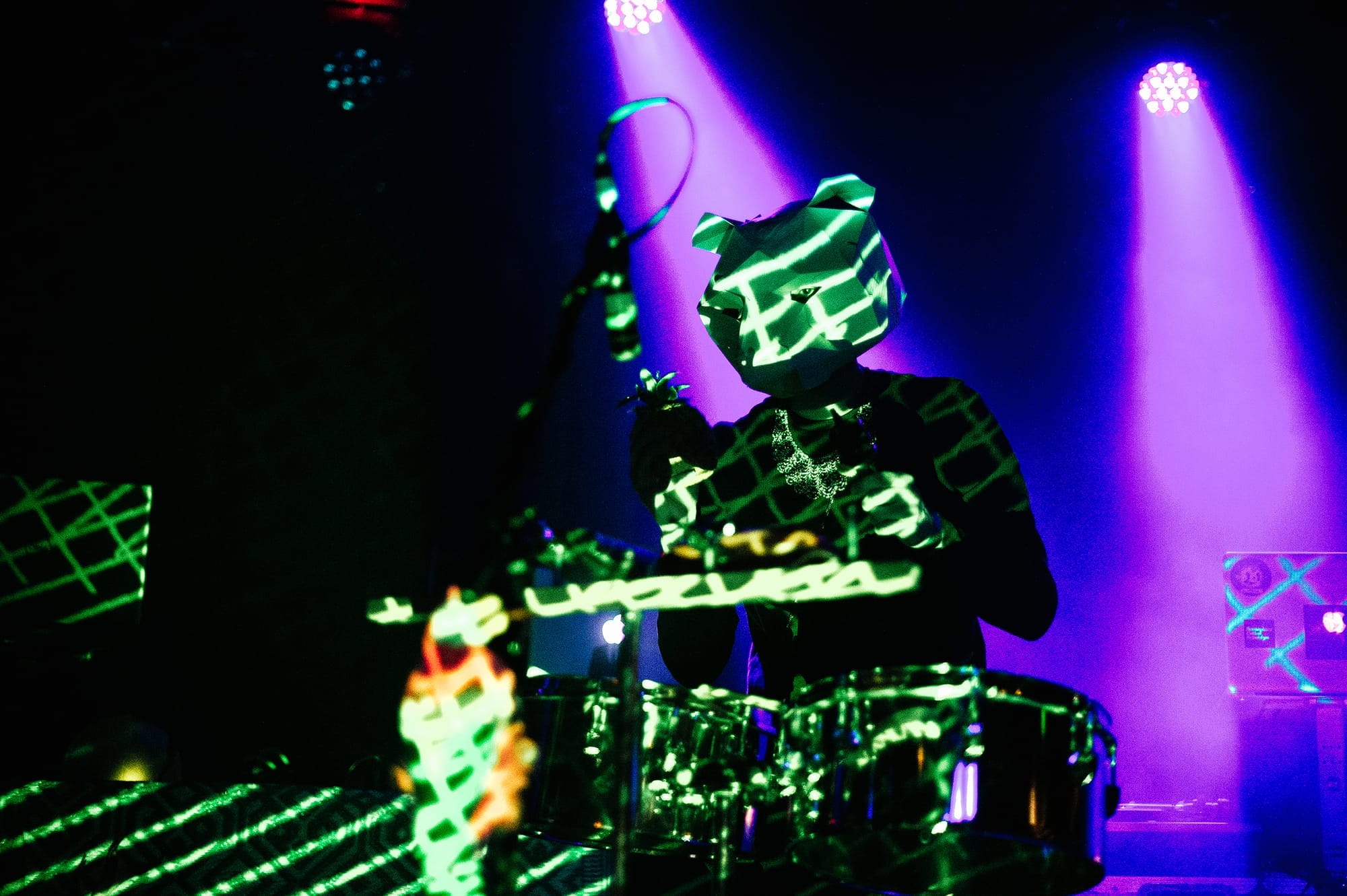 David Plell of Terror/Cactus controls runs the percussive section of the performance at Electropika 2.0 at The Crocodile on March 29 2019. Terror/Cactus' stage performance is enriched by intense visual projections and white animal masks worn by the performers. (Photo by Caean Couto)