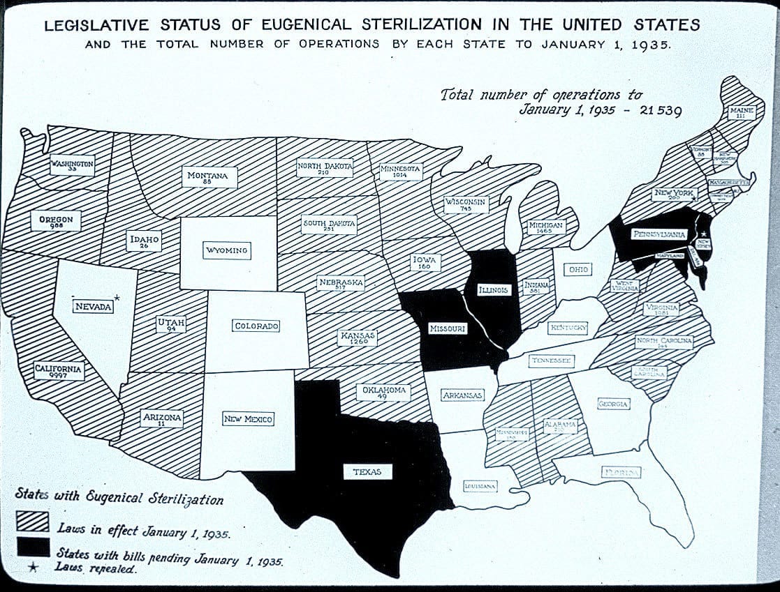 map showing where eugenics laws were passed