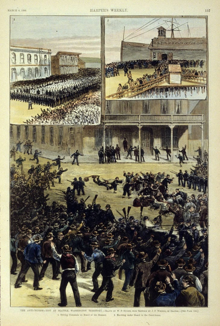 an illustrated image of anti-Chinese mob violence