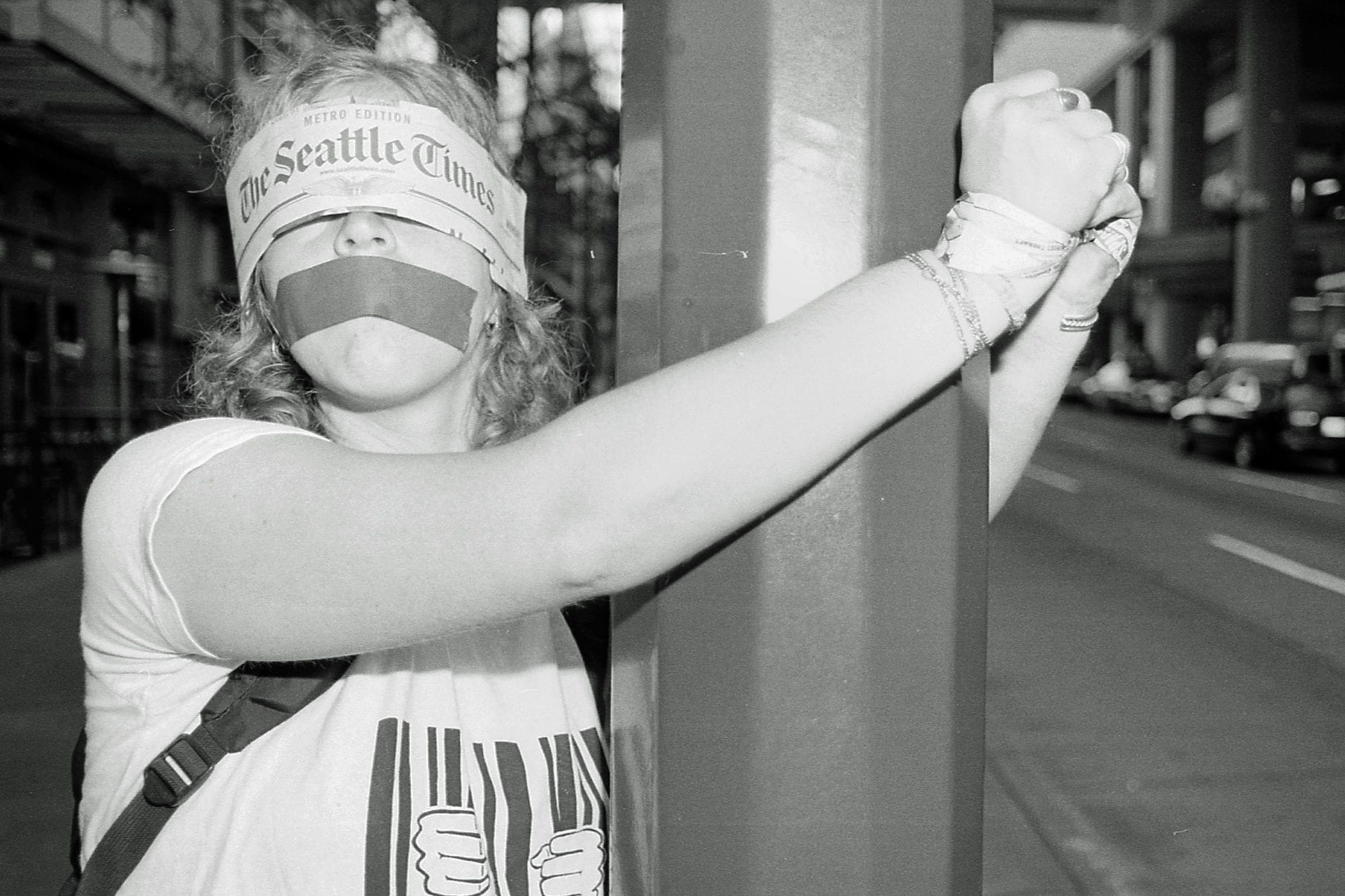 A protest against the corporate media at the Seattle Convention Center under the banner “Reclaim the Media from Corporate Control” during a media convention in 2002.
