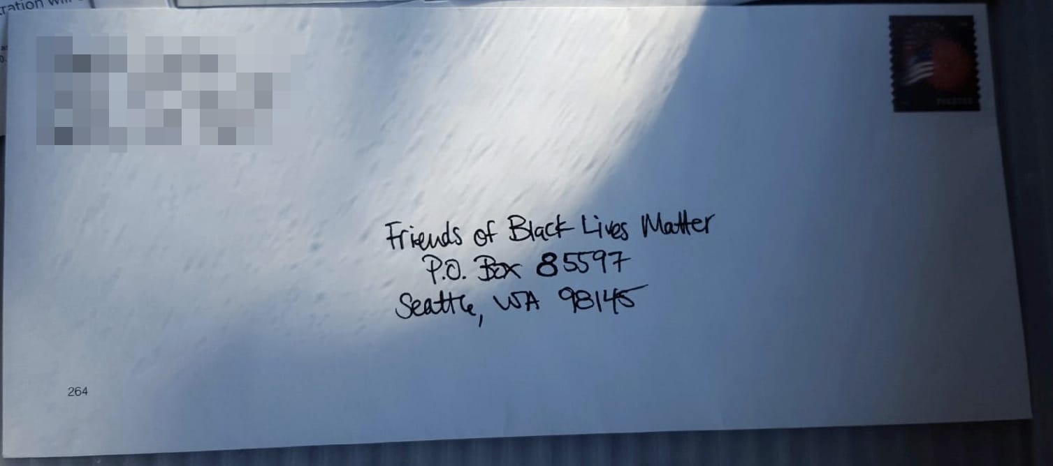 An envelope from a recent UW sociological experiment, which alternately addresses envelopes to the American Neo-Nazi Party and Black Lives Matter movement. 
