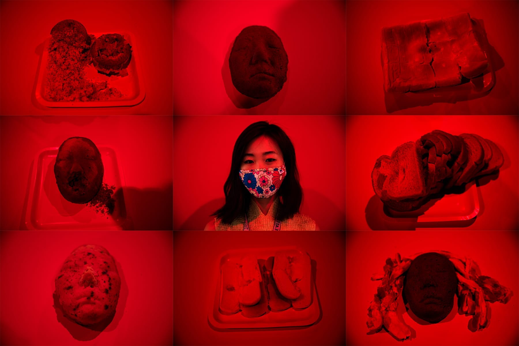 A composite of bread that has been smushed in to attendee’s faces, an installation by Bread Face, center, during the Seattle Art Fair at CenturyLink Field Event Center on Aug. 1, 2019.