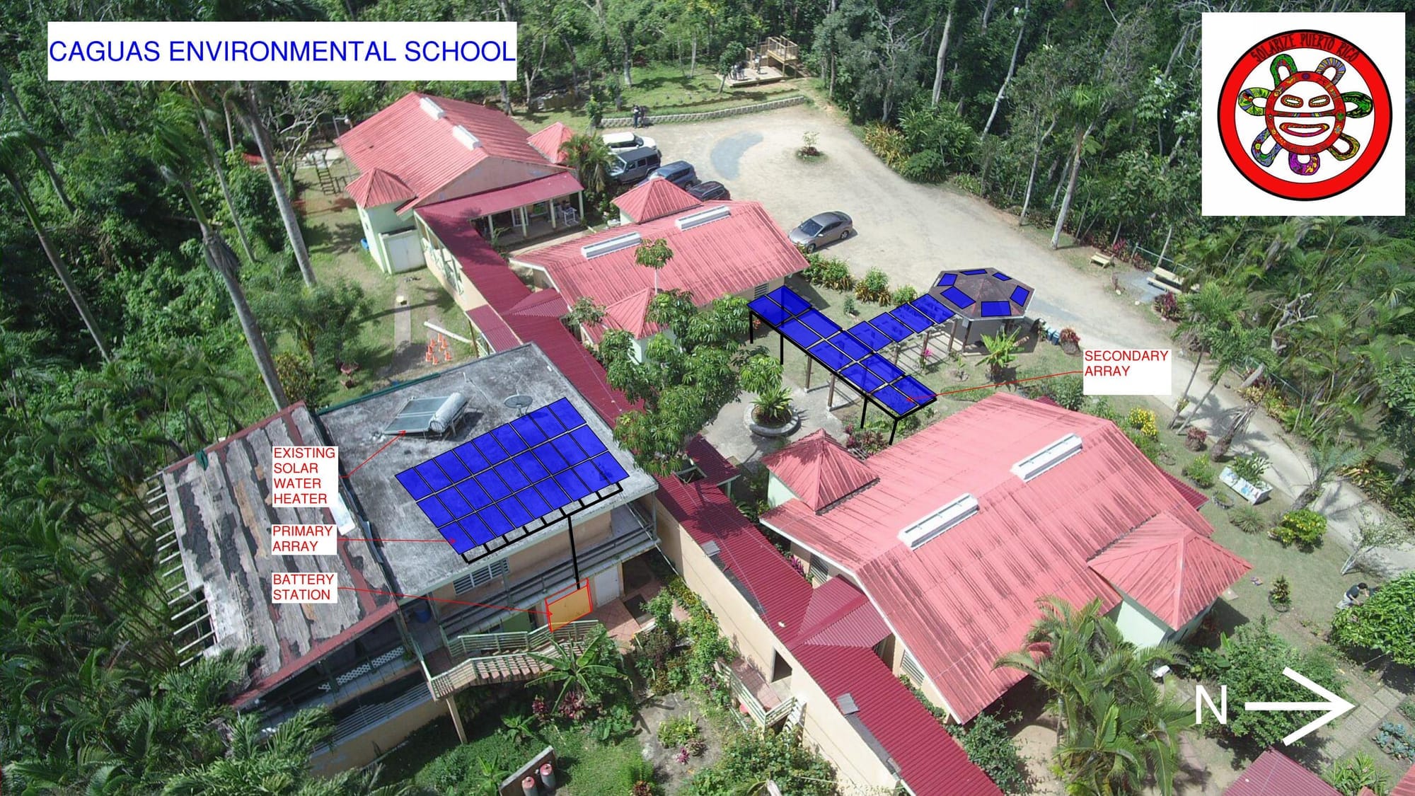 A rendering showing where the solar panels will be located on the school's roof.