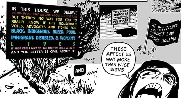 Comic by Myra Lara for Comix for All exhibit at City Hall