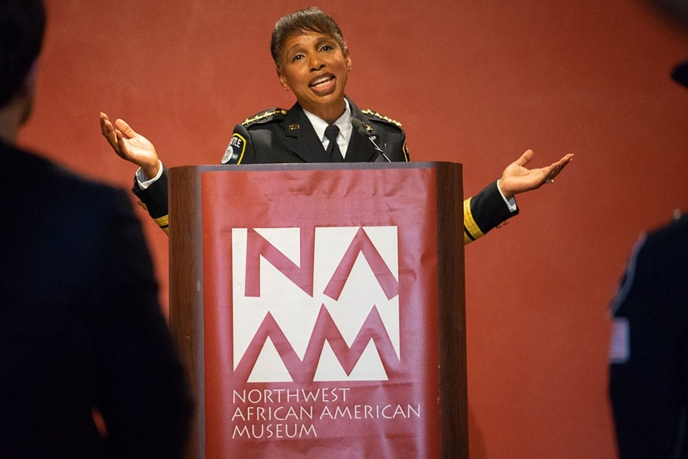 Newly sworn-in, Chief Best addresses the crowd at the Northwest African American Museum.