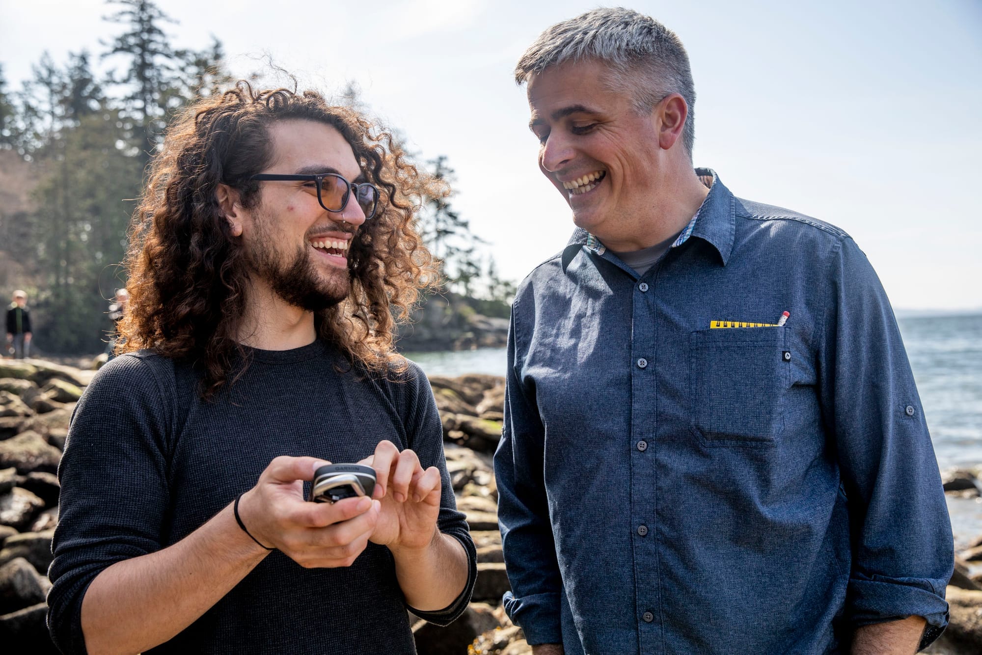 Western Washington University Assistant Professor of Environmental Science Marco Hatch, right, and Marine and Estuarine Science graduate student Octavio Cruz collect data along the coast of Larrabee State Park.