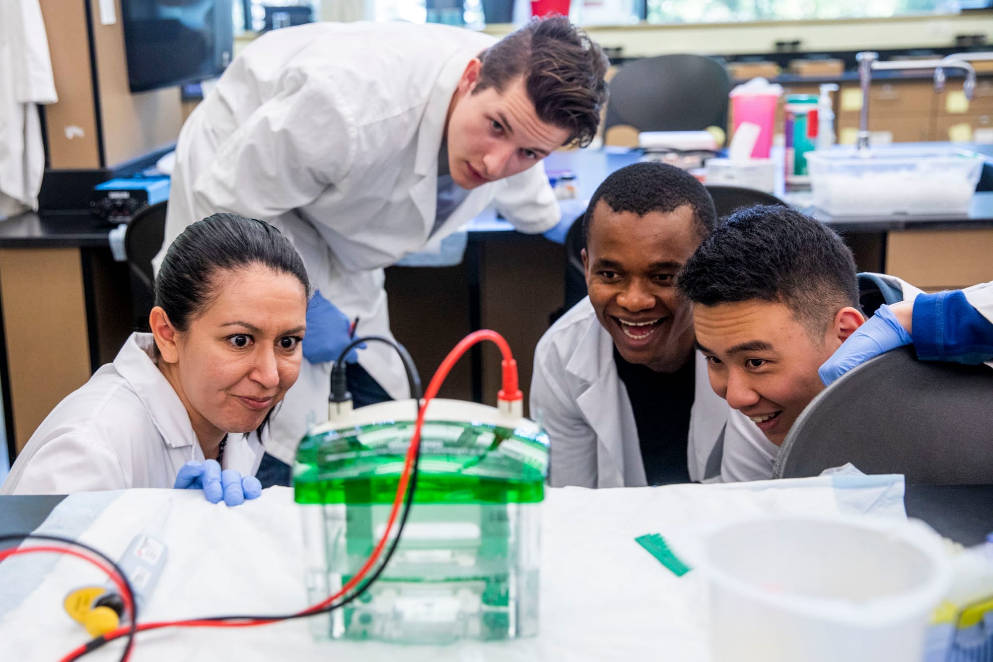 Associate Professor of Biology Tracie Delgado, Ph.D. does a demonstration for a group of students in her biochemistry lab.