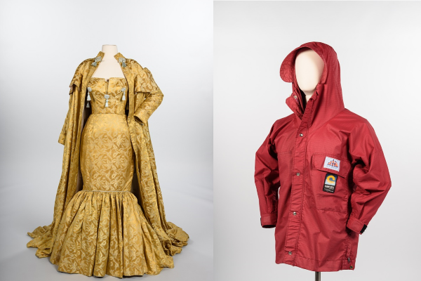 A gold gown and red gore-tex jacket