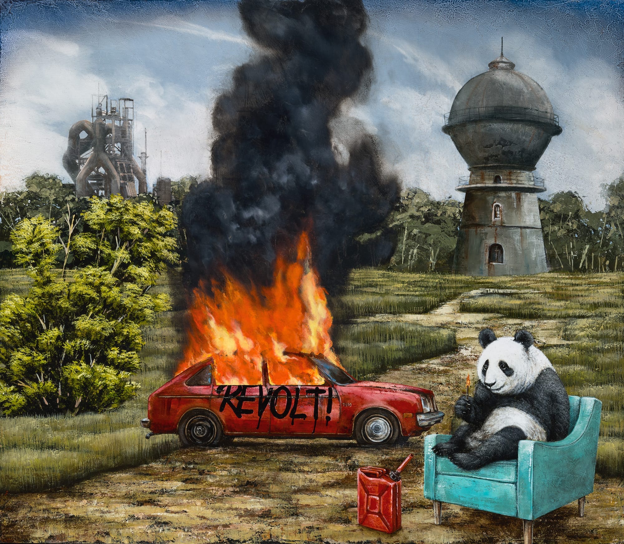 Tyson Grumm, “15 Minutes of Fame (Adding Fuel to the Fire)” (2018), acrylic on panel