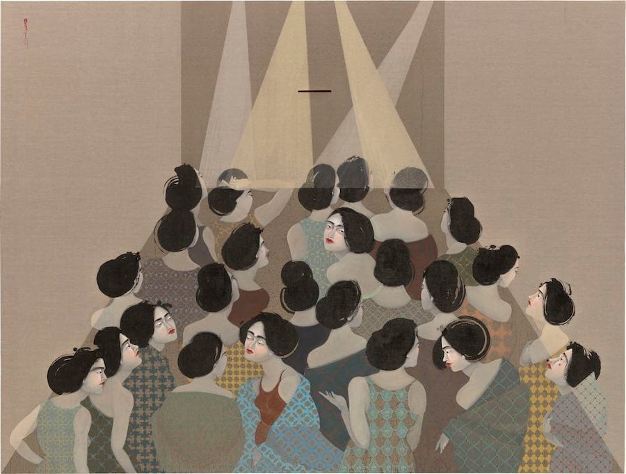 a painting of women crowding into a corner