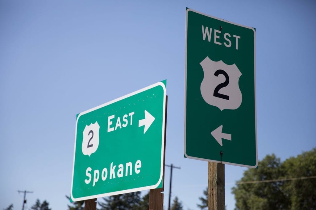 Highway 2 signs in Waterville, Washington.