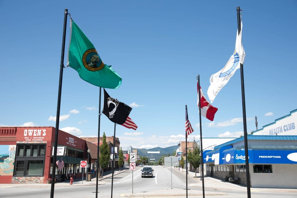 Flagpoles in front of the Pend Oreille County Museum